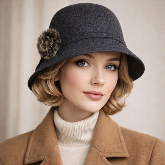 Magid Accessories - Magid Hats Wool Cloche Hat Gray Faux Fur Flower Vintage Style Winter